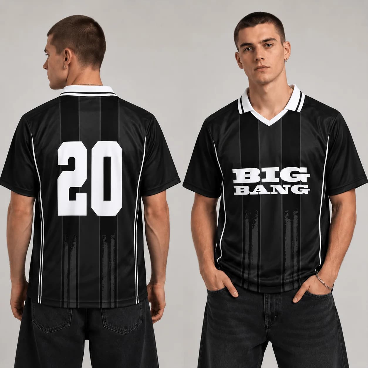 BIGBANG 20th Anniversary Jersey Kpop Fan Shirt Men Women Black Vertical Stripe V Collar Soccer Short Sleeve Tops Back Number 20