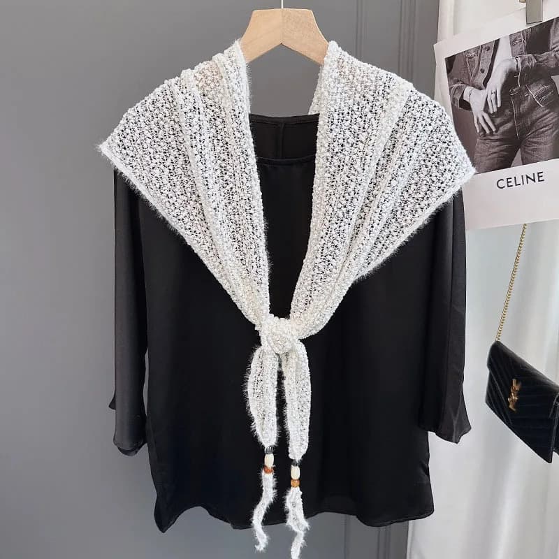 Elegante sciarpa/chalato da donna in stile socialite, fatta a mano con perle, tinta unita, traforata, morbida, in filato speciale, originale