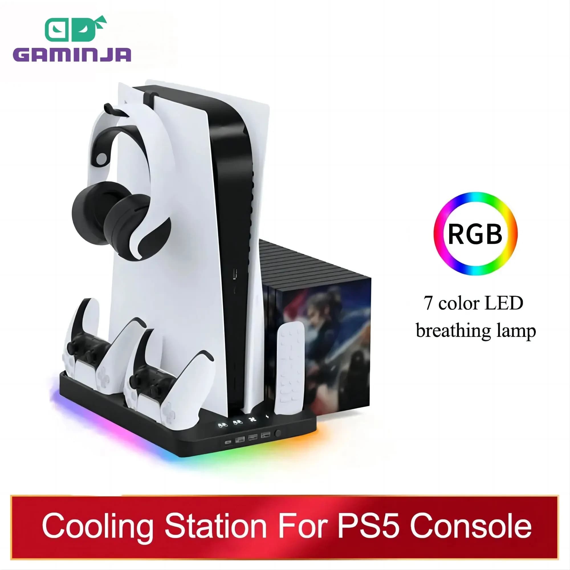 Stazione di raffreddamento con supporto GAMINJA P58 P5 con ventola di raffreddamento a luce RGB caricabatterie a doppio controller per giochi Playstation 5 accessori PS5