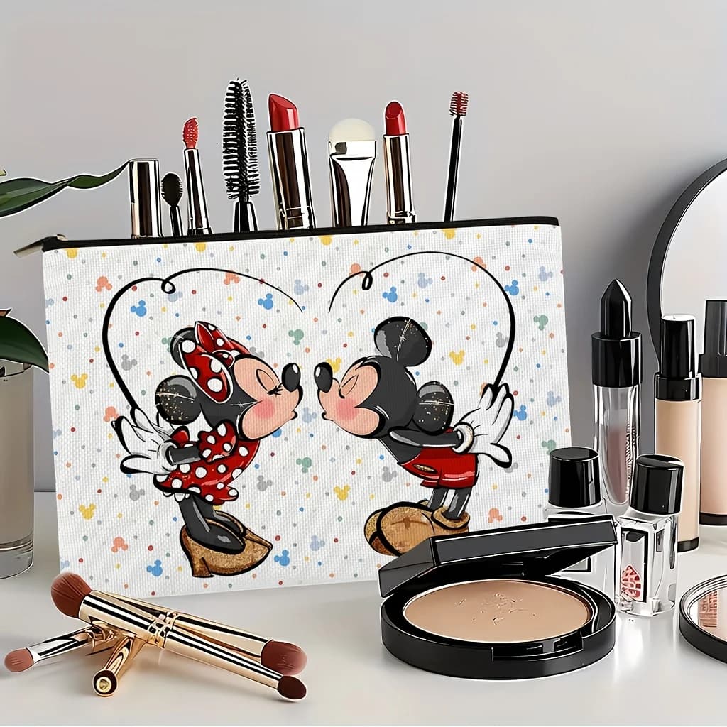 1 custodia per cosmetici Mickey Minnie Mouse Kissing Heart, borsa per il trucco portatile con cerniera, ideale per riporre i cosmetici quotidiani e per i viaggi