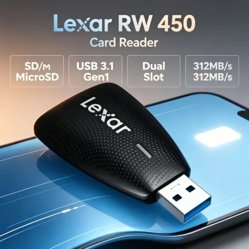 Lexar RW450 2-in-1 Memory Card Reader USB 3.1 Gen 1 UHS-II SDXC MicroSDXC Adapter 312MB/s Dual Slot for Desktop Laptop PC Camera