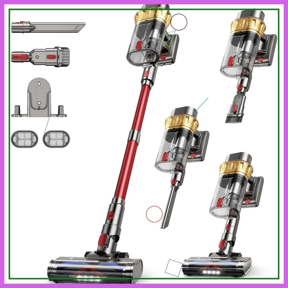 Aspirapolvere Senza Fili 650W, 55KPa di Aspirazione, 75 Minuti di Autonomia, Doppio Contenitore da 2.5L, Anti-Groviglio, Autoportante, Filtro HEPA per Peli di Animali Domestici