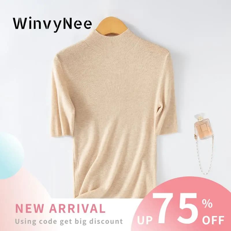 WinvyNee Women Worsted Wool Mock Neck Ribbed Slim Fit Half Sleeve Basic Layering Skin-friendly Daily Knit Pullovers A1757012A