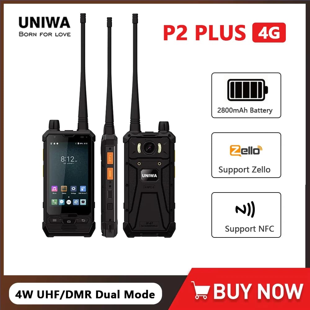 UNIWA P2 Plus IP67 Telefono robusto 4W DMR UHF Dual Mode Walkie Talkie Zello 4 pollici 3GB RAM + 32GB ROM Porta M6 Supporto App PoC NFC