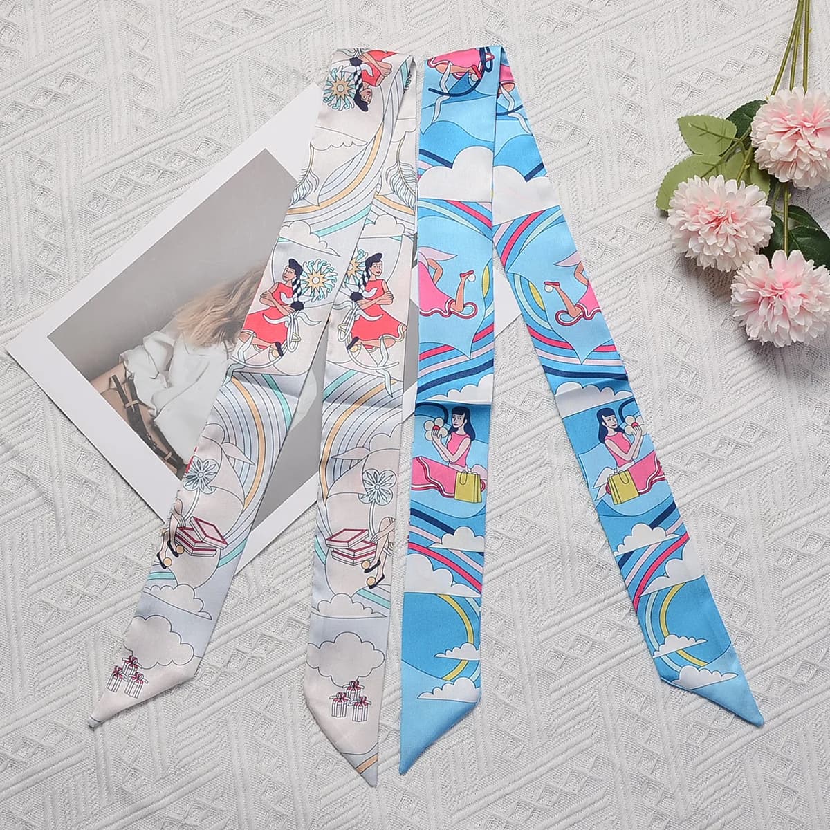 Women's Hair Scarf 2024 New Design Brand Rainbow Princess Silk Scarf in Luxury Twill Hair Band Slim Scarf Neck