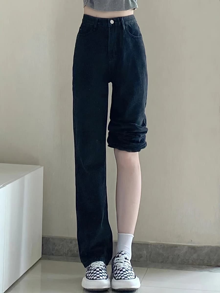 Bla Fce Lined Straight Leg Jeans Women's Loose High Waist Wide Leg Pants Autumn Winter plus Size Casual Trousers