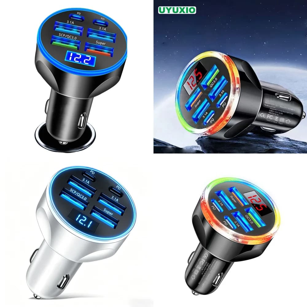 Caricabatterie per Auto 6 in 1 con USB Tipo C, Adattatore Multiporta a Ricarica Rapida con Voltmetro per iPad iPhone, Prodotto di Tendenza
