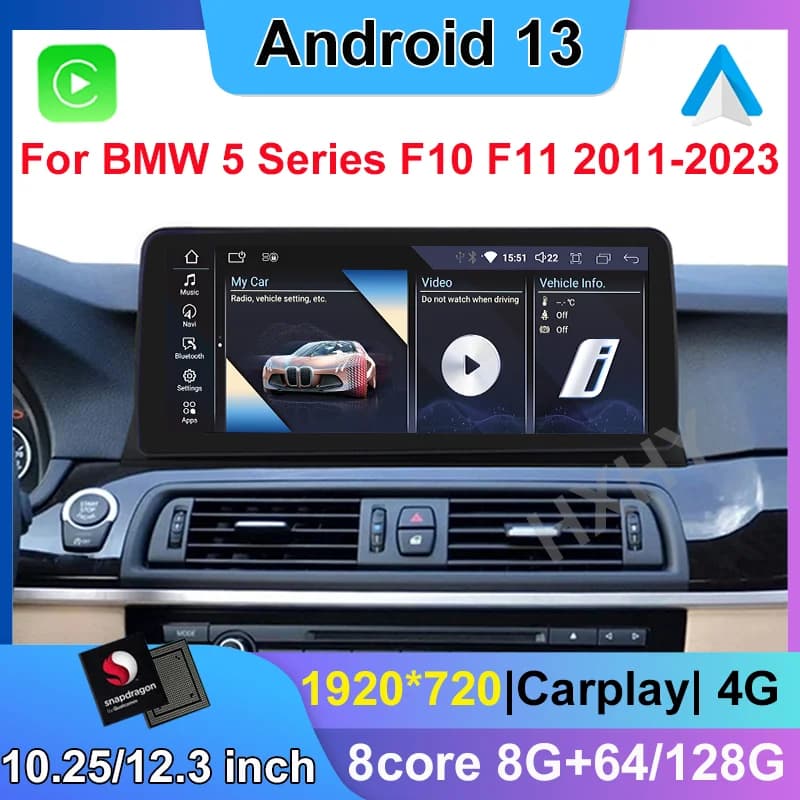 Snapdragon Android 13 Lettore DVD per auto Sistema multimediale per BMW Serie 5 520i F10 F11 G30 2011-2023 Radio GPS Navi Audio Carplay