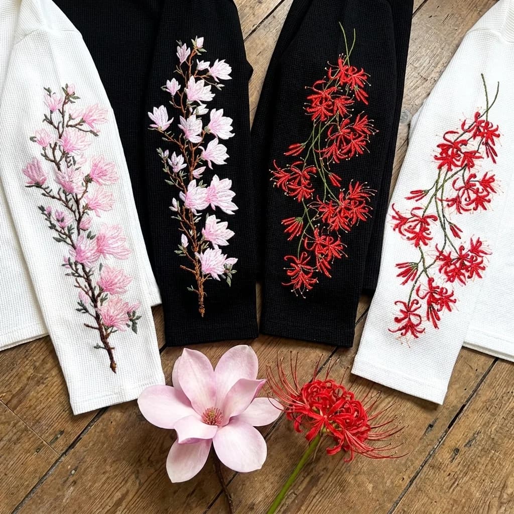 T-Shirt Vintage con Ricamo Floreale e Maniche Lunghe per Uomo, Grafica Spider Lily, Stile Harajuku Streetwear Unisex, Top Casual Autunnale