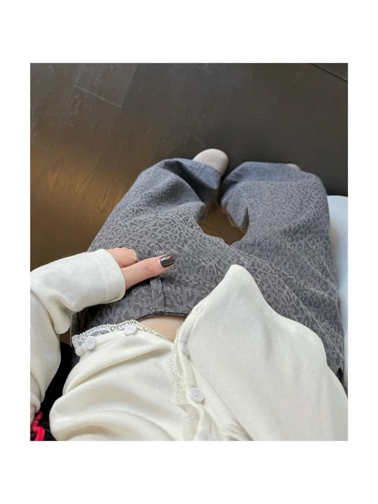 American Style High Waist Wide Leg Pants Leopard Print Loose Fit Straight Cut Casual Jeans Women's Grey Color