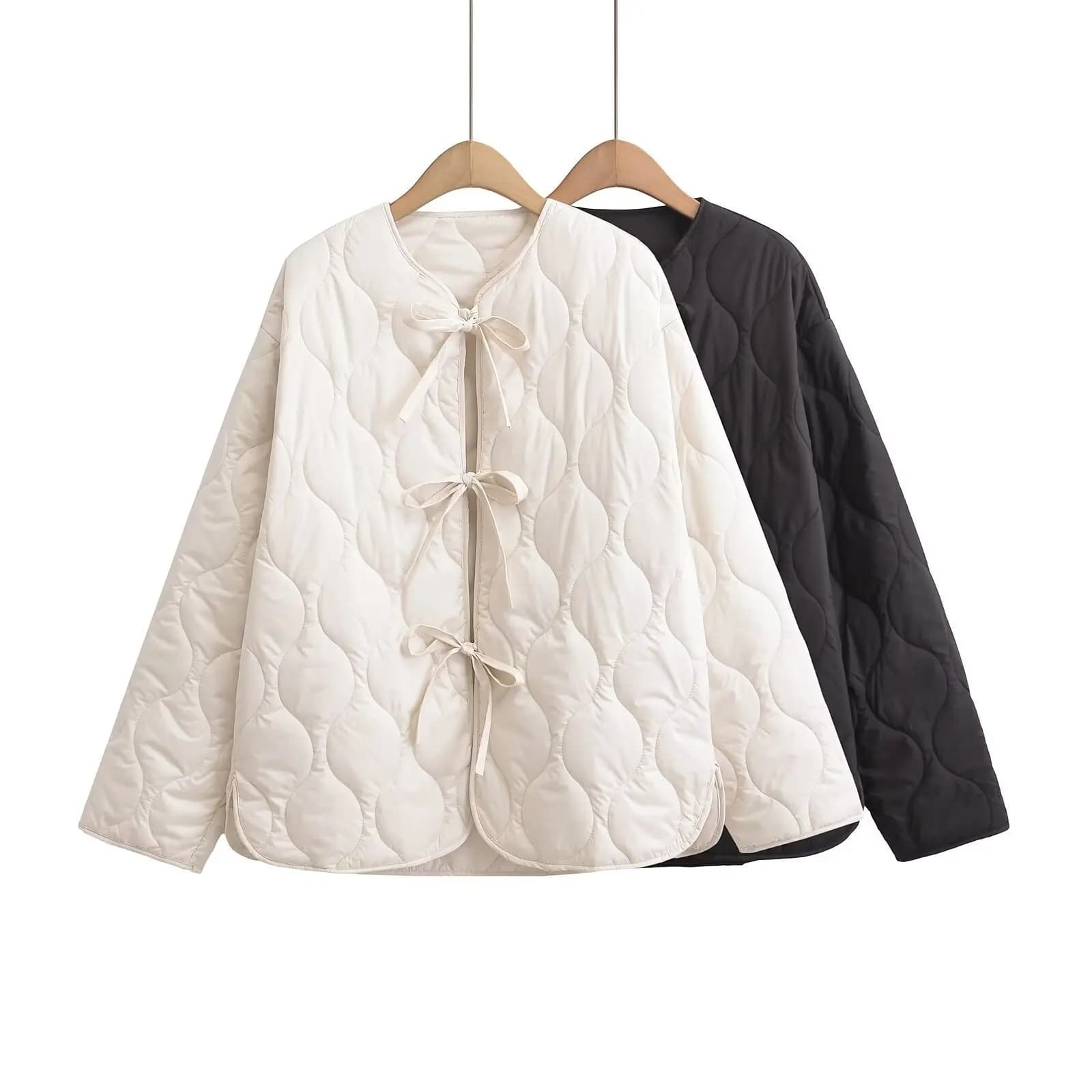 Fashion Women's 2025 Winter Sweet Bow Lace-Up Cropped Jacket Quilted O-Neck Long Sleeve Coat Solid Color Casual Outerwear