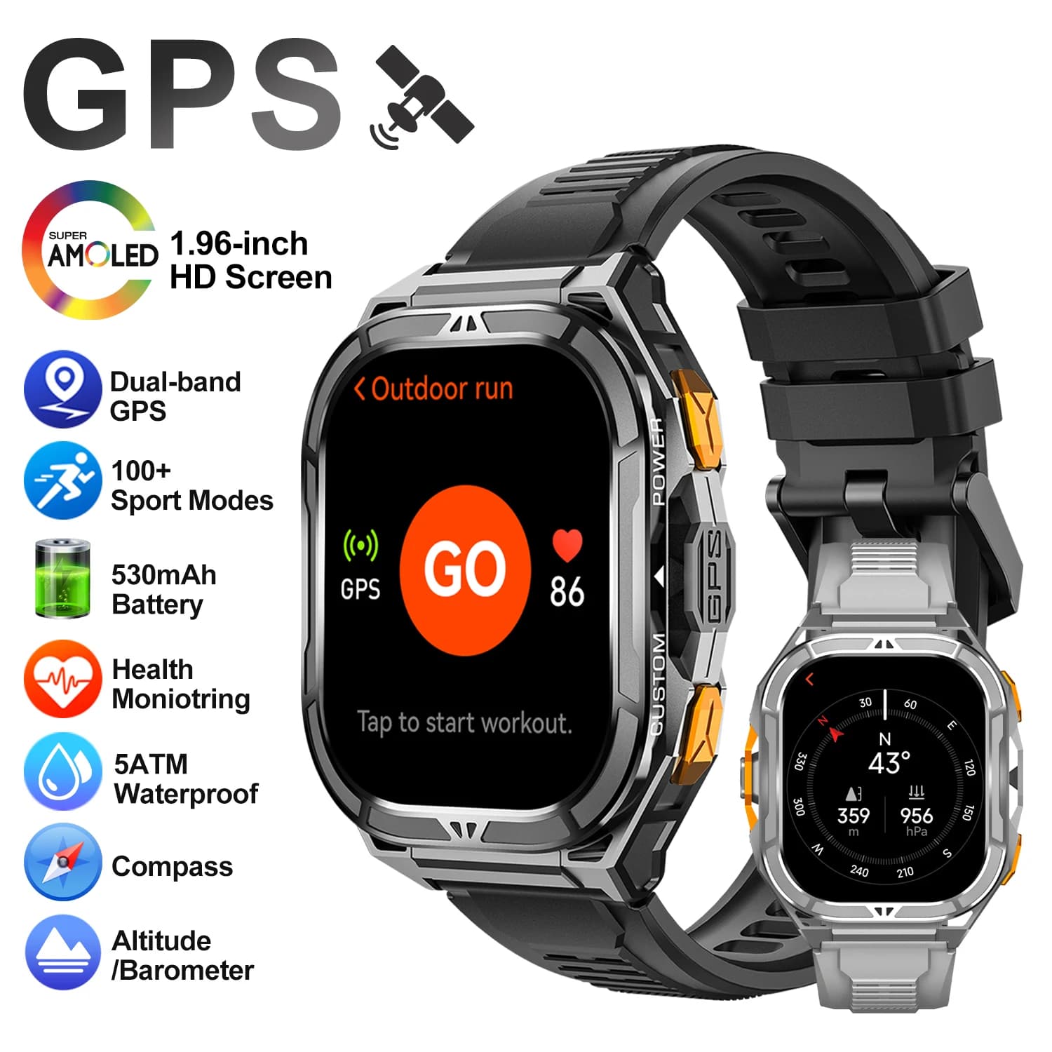 Orologio intelligente GPS per sport all'aria aperta, uomo donna, schermo AMOLED HD, impermeabile 5ATM, batteria da 530 mAh, bussola, SOS, chiamata BT, smartwatch militare