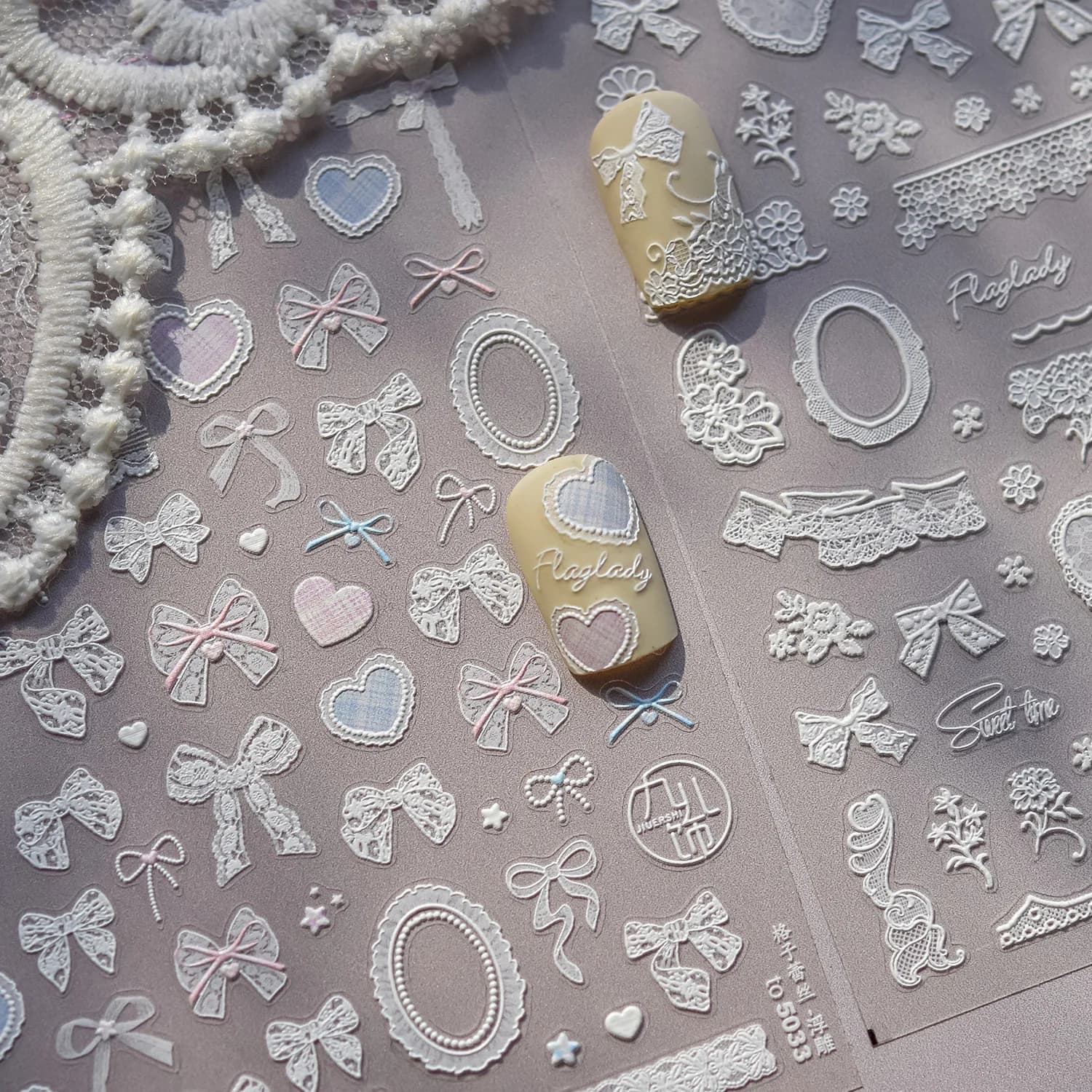 Adesivi per Unghie 5D a Scacchi con Pizzo, Fiocco alla Moda, Nastro, Cornice Fotografica, Adesivi per Nail Art in Rilievo Autoadesivi, Decalcomanie per Manicure Fai da Te