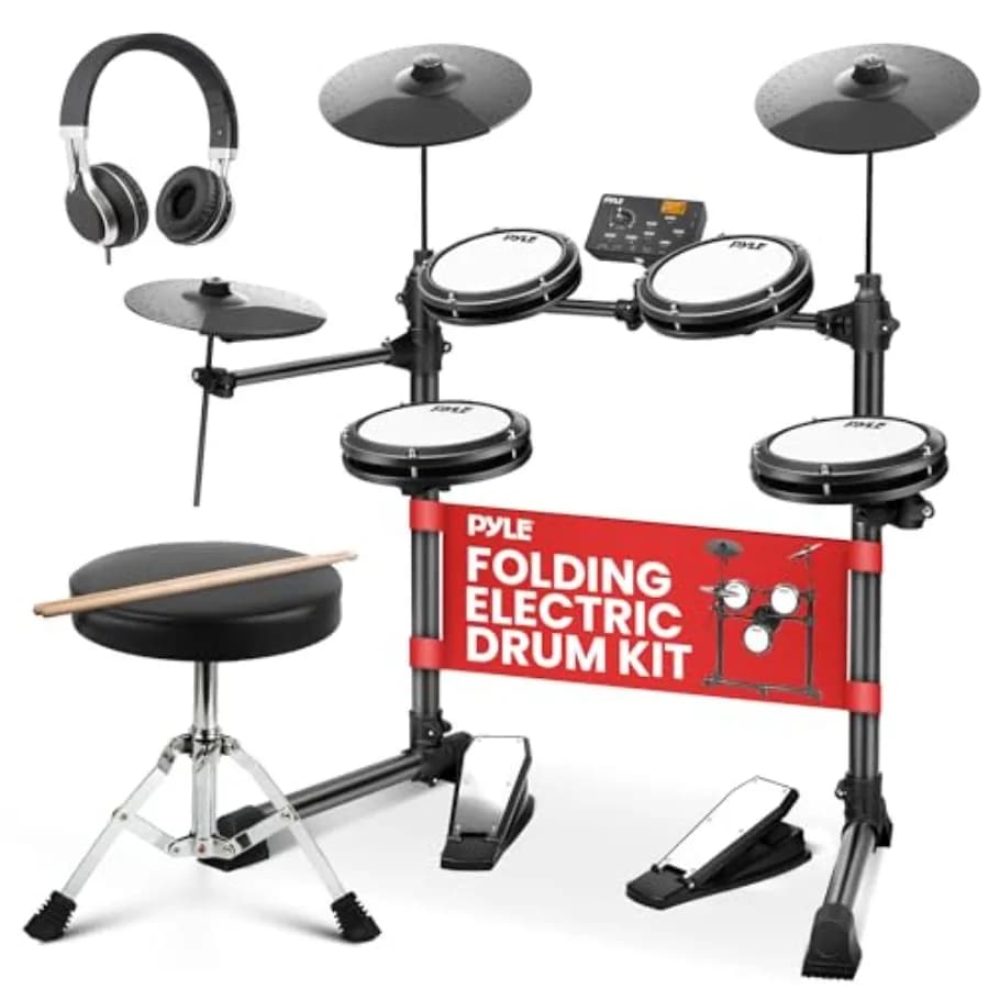 Batteria Elettronica con 4 Pad in Mesh Silenziosi, 180 Stili Sonori, 3 Piatti, 2 Pedali, Sgabello, Cuffie, Bacchette, AUX, USB, MIDI, Nera, Ideale