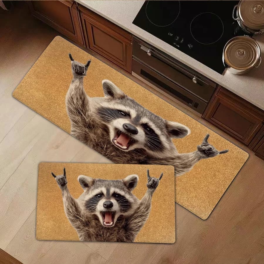 1/2/3Pcs Flannel Kitchen Mat—Funny Raccoon Rock and Roll Floor Mat Soft Flannel Non-Slip Rug for Living Room Bedroom Bathroom Kitchen Decorative Area Carpet Home Decor—Soft,Comfortable,Suitable For Bathroom,Bedroom,Kitchen,Laundry Room