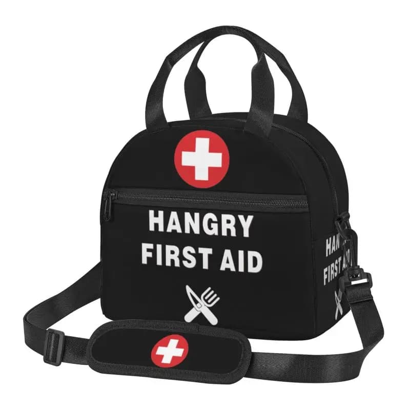Funny Hangry First Aid Insulated Lunch Bag Portable Reusable Waterproof Thermal Bento Tote Bag with Adjustable Shoulder Strap