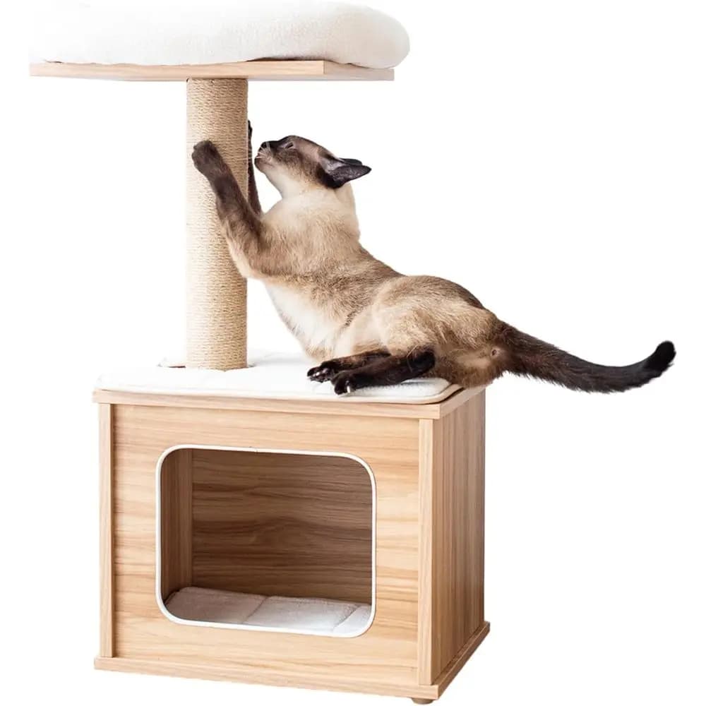 Albero per gatti in legno laminato a 3 livelli da 29,7 pollici con base grande, gradini imbottiti, tiragraffi in iuta, robusto e facile da montare, adatto per