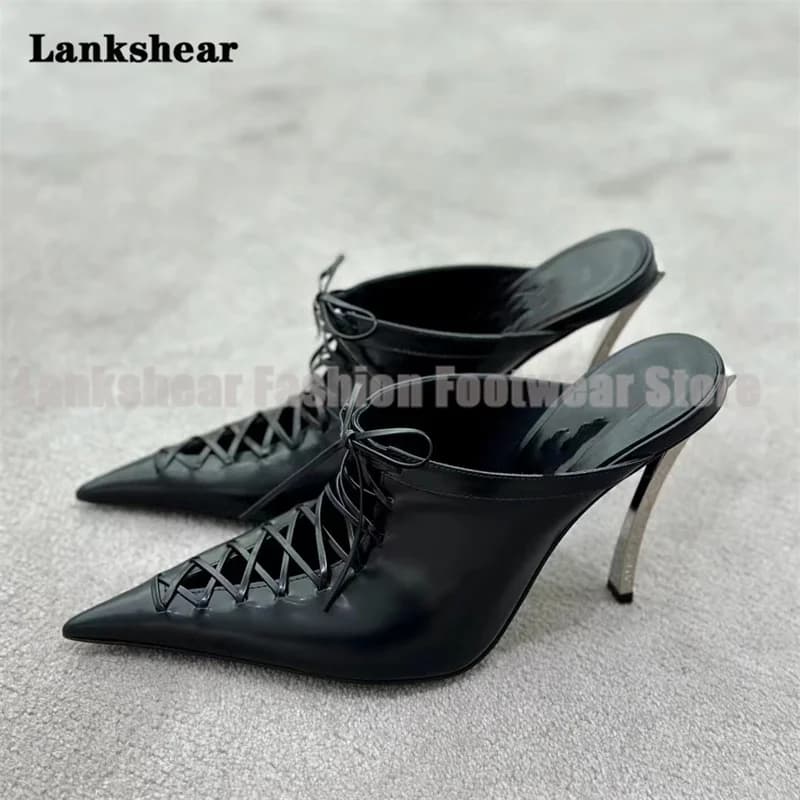 Mules in black leather with laces, tip toe, stiletto heel, without back, women's elegant shoes, women's trendy sandals for summer