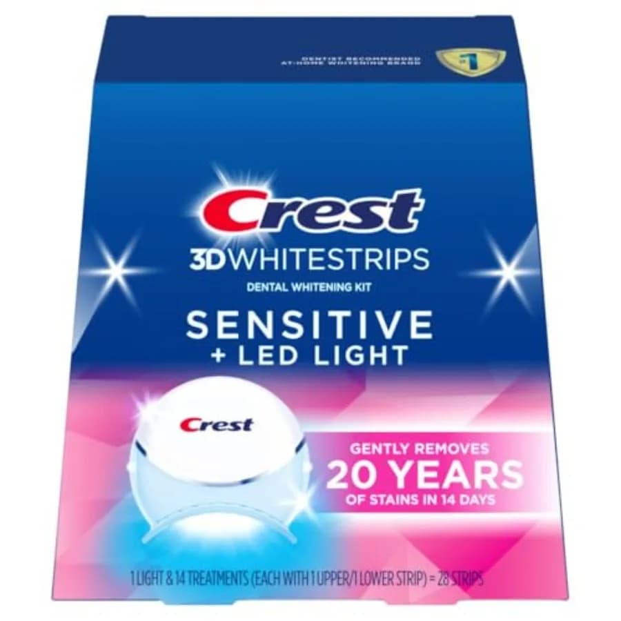 Crest 3D Whitestrips Sensitive Gentle + Tooth Whitening Kit with LED Light, 1 Light + 14 Treatments, Each Treatment with 1 Upper Strip/1 Lower Strip (28 Total Strips)