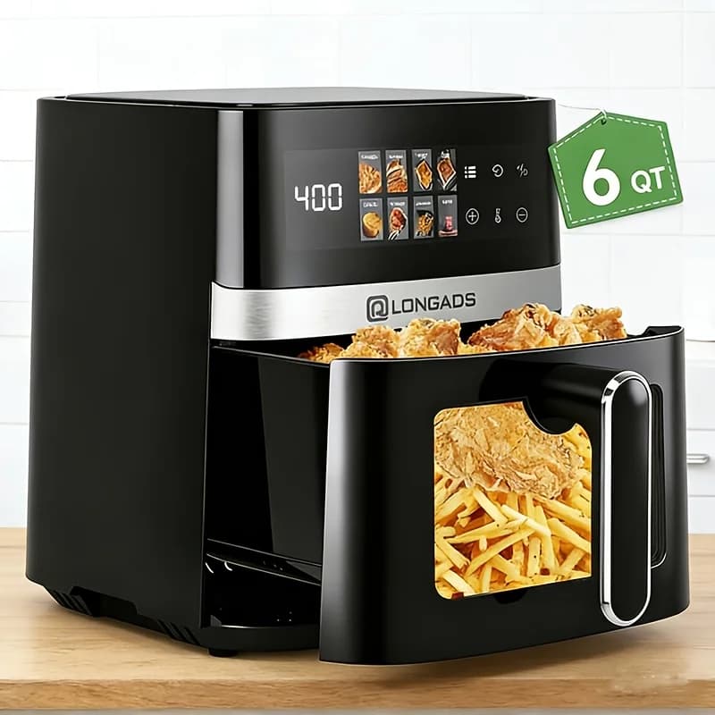 6-Quart Air Fryer - 8-In-1 Electric Hot Air Oven with LED Touchscreen, Non-Stick Fry Basket, And 1350-Watt Power. This Large-Capacity Air Fryer Features 360° Hot Air Circulation, a Clear Touchscreen, And Integrated Heat-Insulated Handles. Black