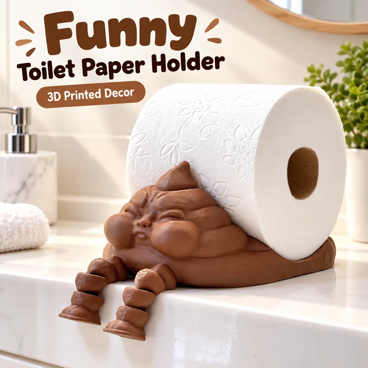 3D Printed Funny Poop Toilet Paper Holder with Articulated Legs, Novelty Bathroom Tissue Roll Stand, Desktop Decor Gift