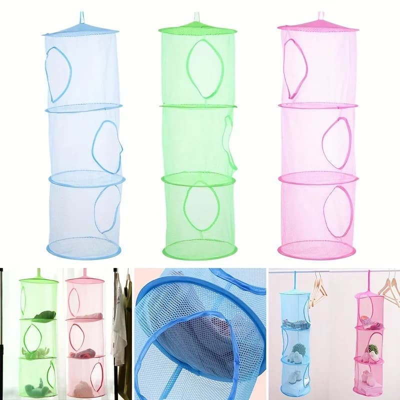 3 shelves in nylon net, basket for toys, basket for dirty clothes, basket for various items, bag organizer