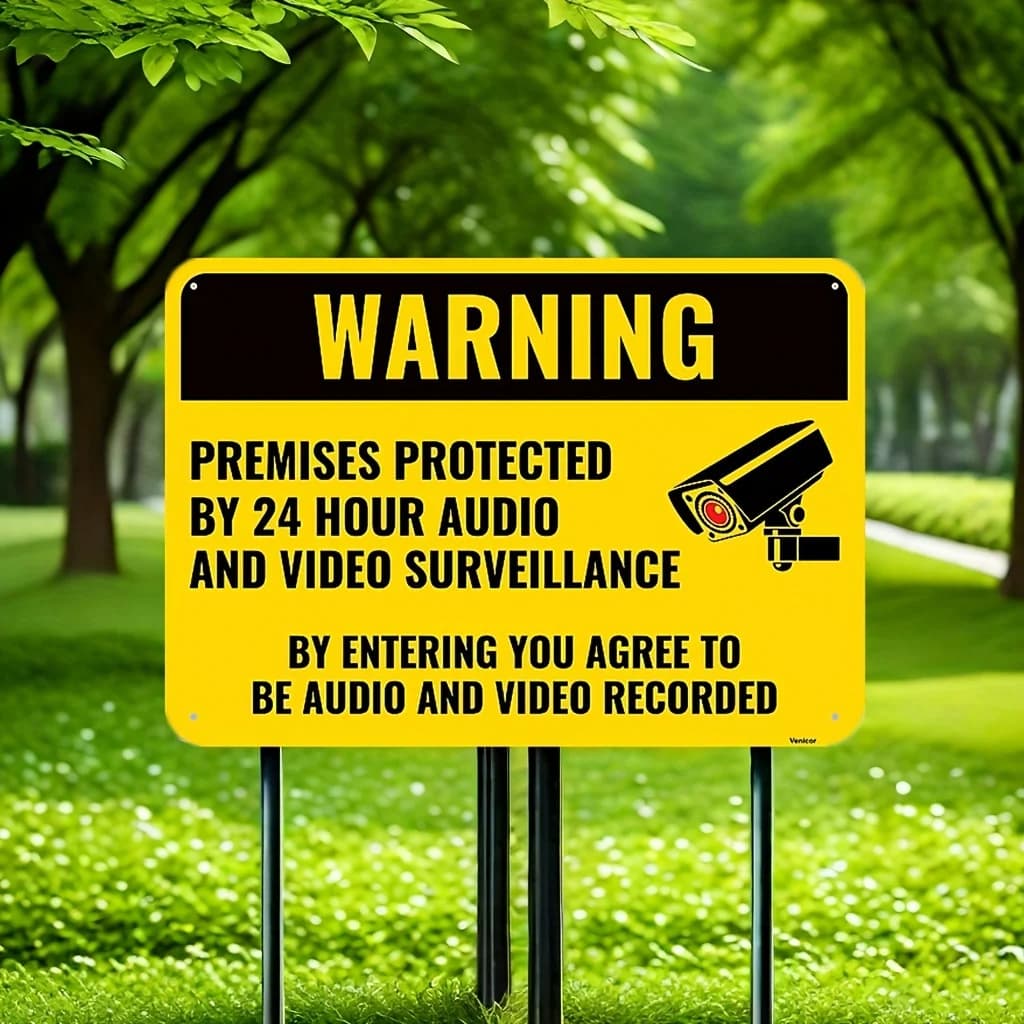Cartello di Avvertimento per Sorveglianza Audio e Video 24/7 - Avviso di Sicurezza in Metallo da Parete con Icona Telecamera - Design Giallo e Nero per H