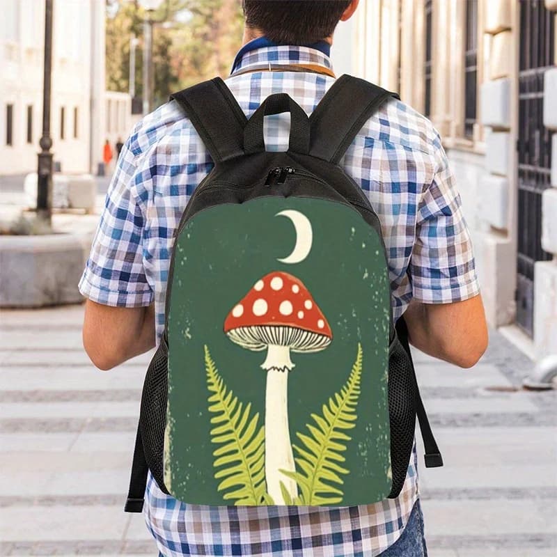 1 mushroom-shaped backpack with red and white mushroom pattern - adjustable shoulder strap, zip closure, teen resistant bag