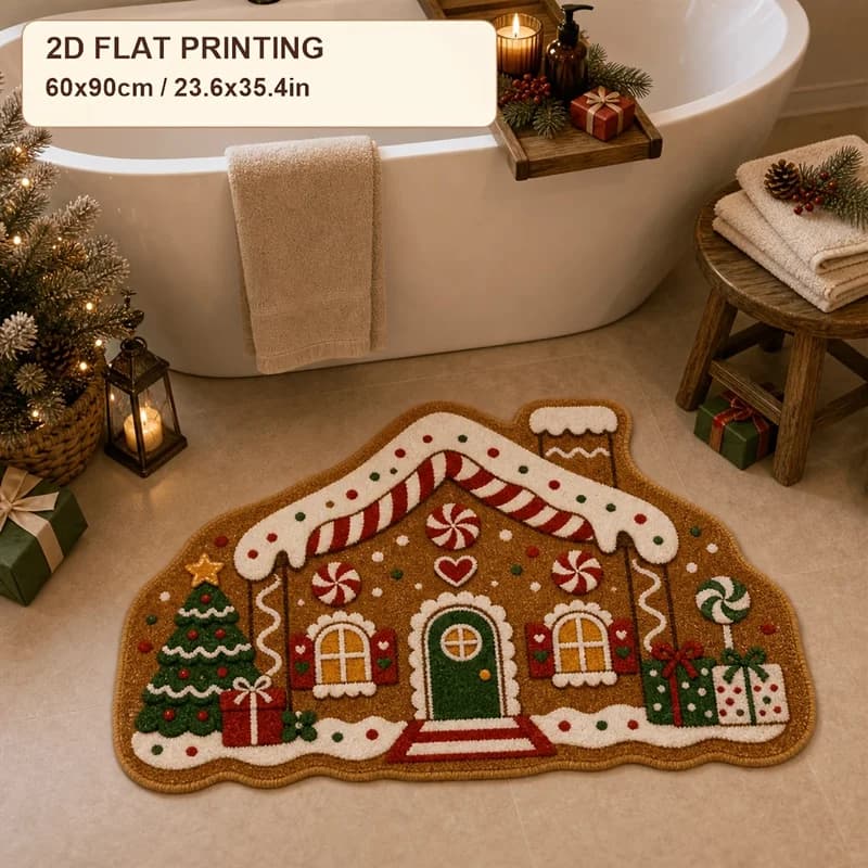 VIKAMA gingerbread house shaped Christmas door mat, suitable for entrance bathroom home decoration