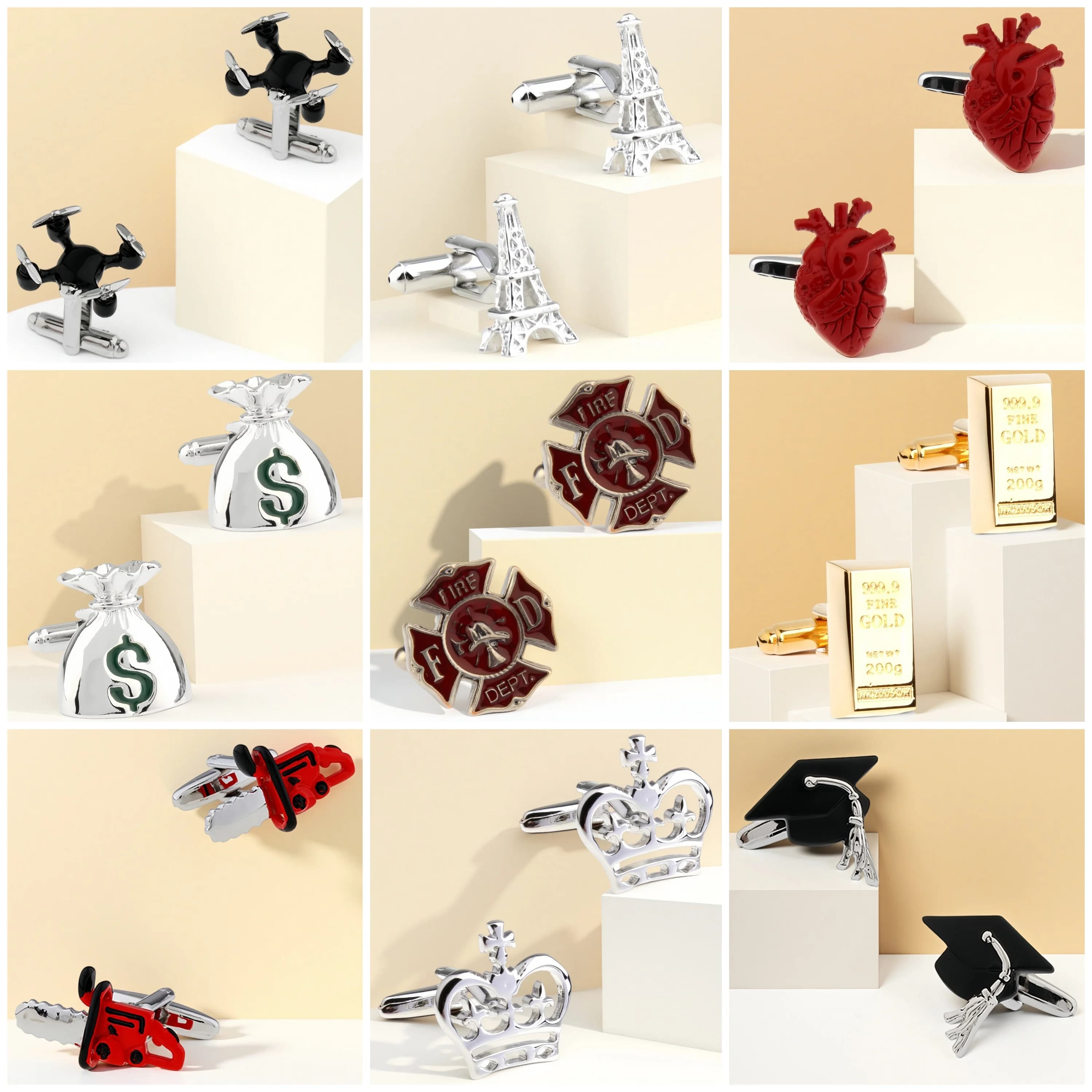 Annlyy Fashion Tower Crown Mask Feather Fire Dept College Cap Heart Saw UAV Gold Bar Gemelli da uomo Gemelli