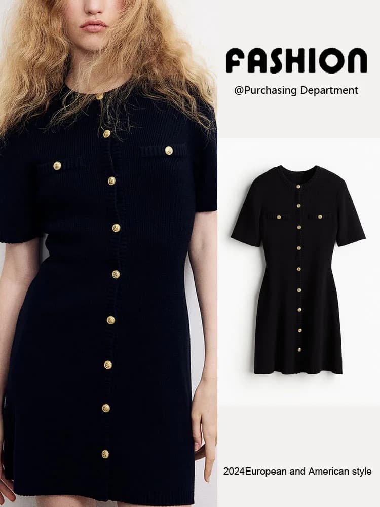 Nuovo Arrivo Primavera: Abito da Donna Slim Fit con Collo Tondo, Bottoni Frontali, Lavorazione a Costine, Gonna Midi a Trapezio con Chiusura a Bottone Singolo