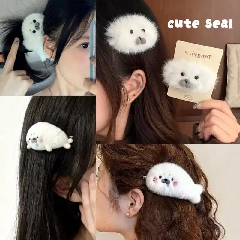 Z. 1/2 Pezzi Graziosa Molletta per Capelli a Forma di Foca in Peluche, Accessorio Versatile per Capelli Autunno e Inverno, Molletta per Frangia e Capelli Laterali