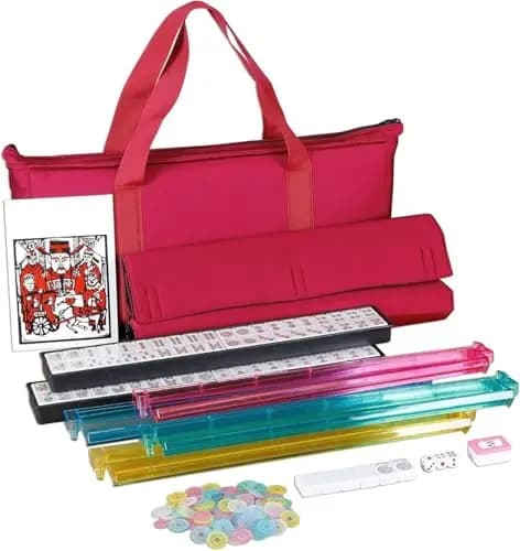166-Tile American Mahjong Game Kit Featuring Four Transparent Racks, Pushers, Red Fabric Carry Bag, Chips, Dice And Instruction