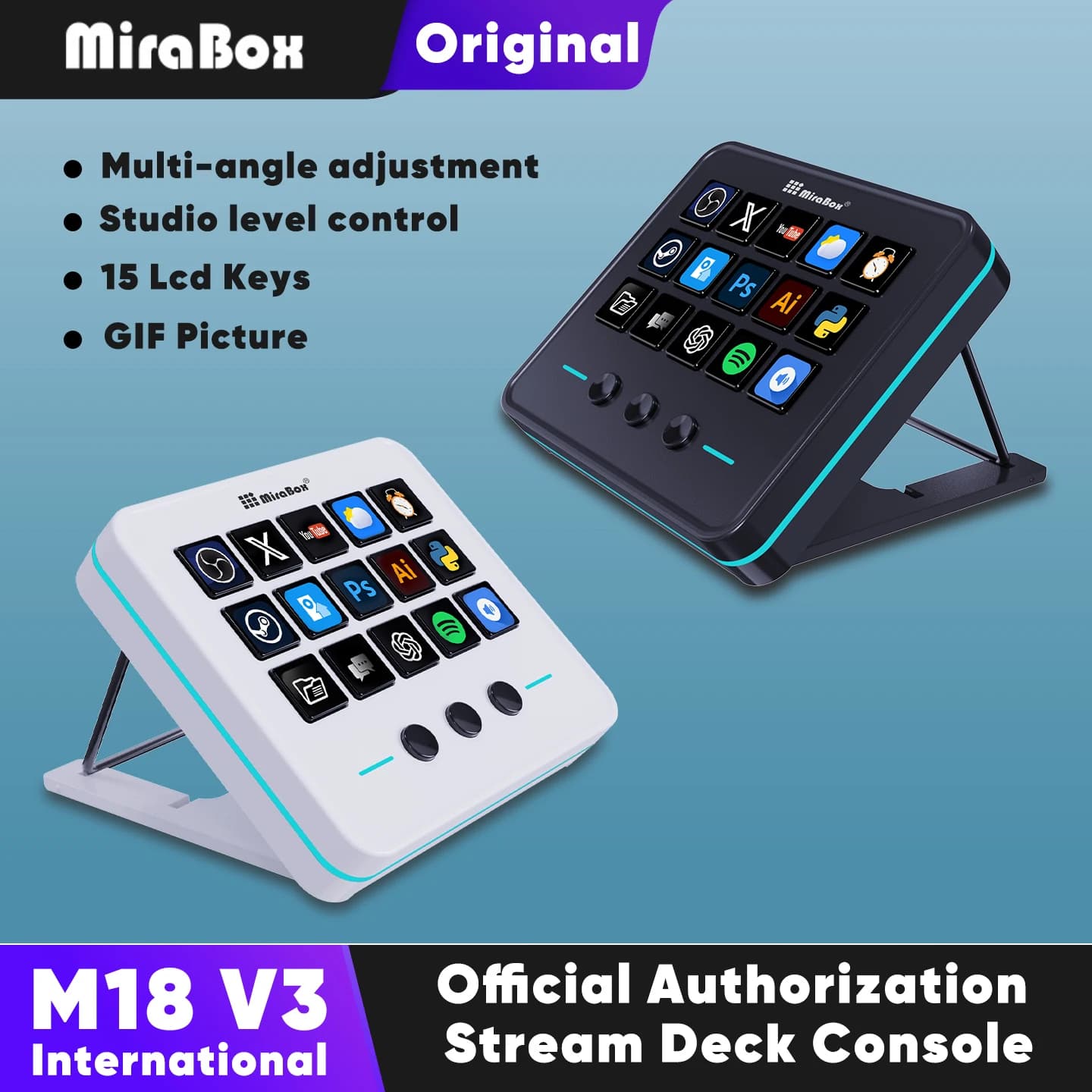 Mirabox Mbox M18 V3 Stream Deck Macropad, Dock per Streamdeck, Mini Tastiera Macro, Console Desktop Creativa e Visiva, Stream Desk