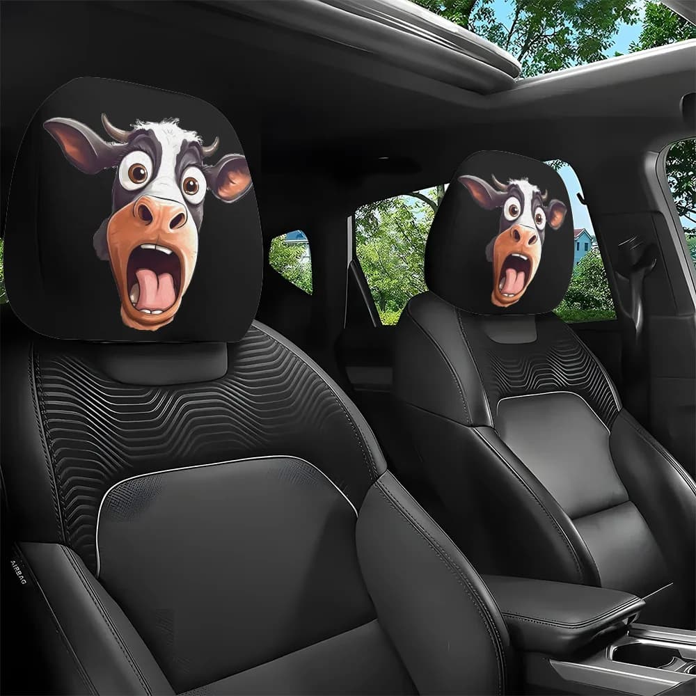 2 pieces, headrest cover for cars with funny print of cartoon cow, universal and elegant seat protectors, easy to install and wash.