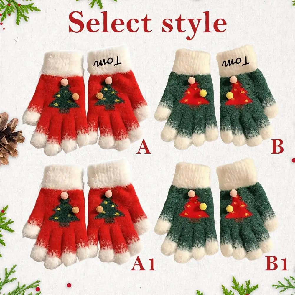 Guanti in maglia di pelliccia soffice con testo personalizzato Guanti da albero di Natale con fiocco di neve per le donne Guanti da sci caldi con dita divise per touch screen