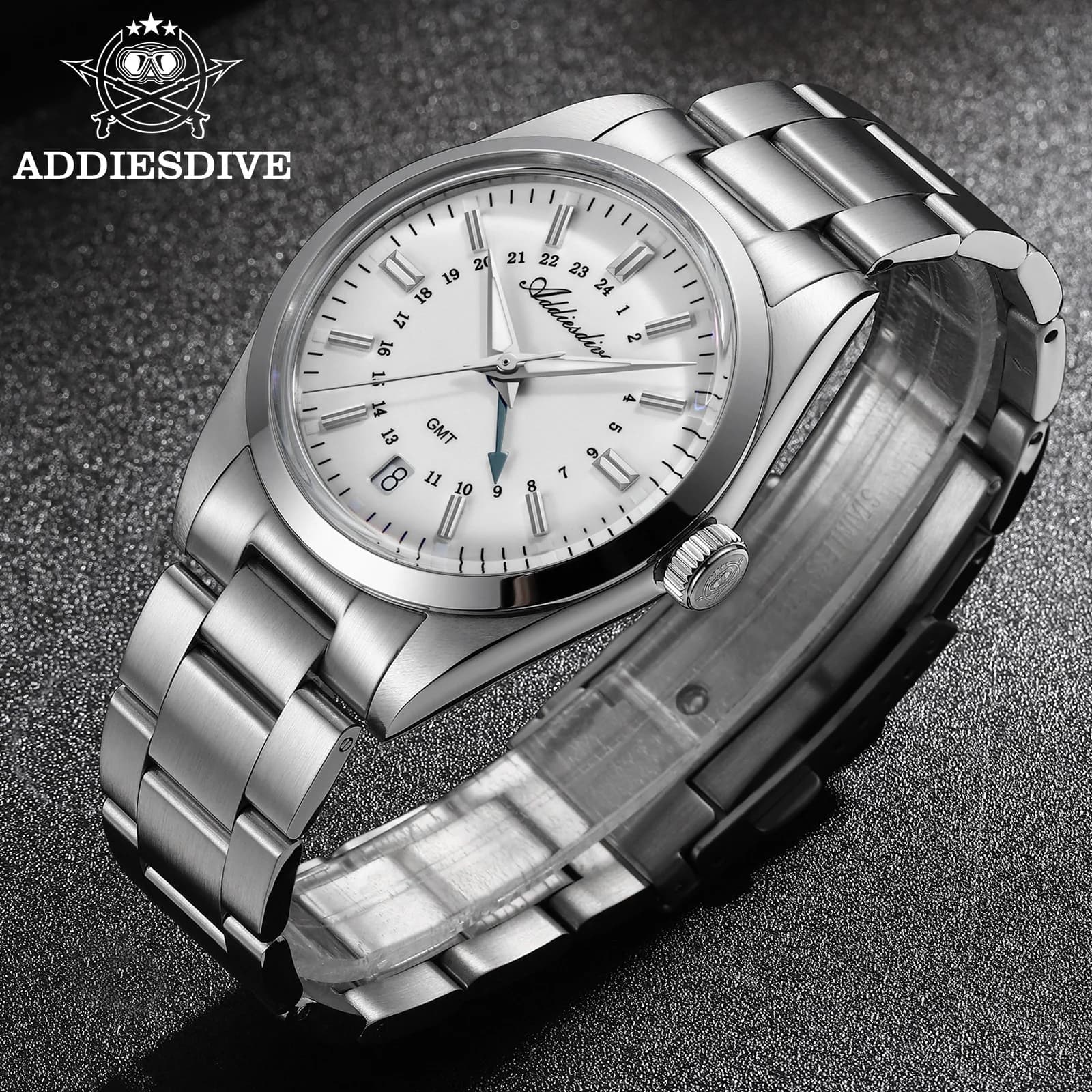 Orologio ADDIESDIVE GMT Nuovo, Impermeabile 100m, Rivestimento AR, Calendario, Acciaio Inossidabile 316L, Vetro Bombato, 36mm, Orologio Elegante da Uomo AD2065