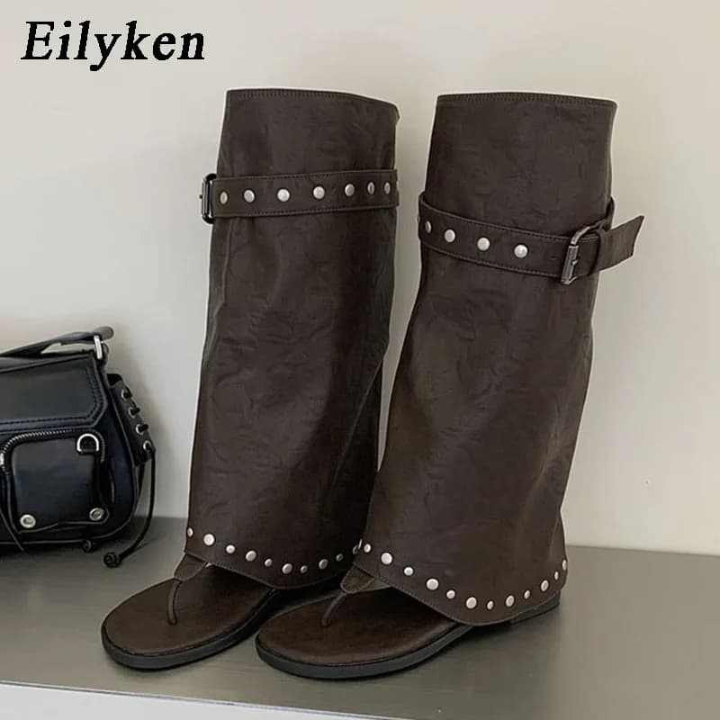 Eilyken Stivali al ginocchio da donna vintage comodi con tacco basso e punta tonda, sandali con rivetti e fibbia, scarpe estive firmate