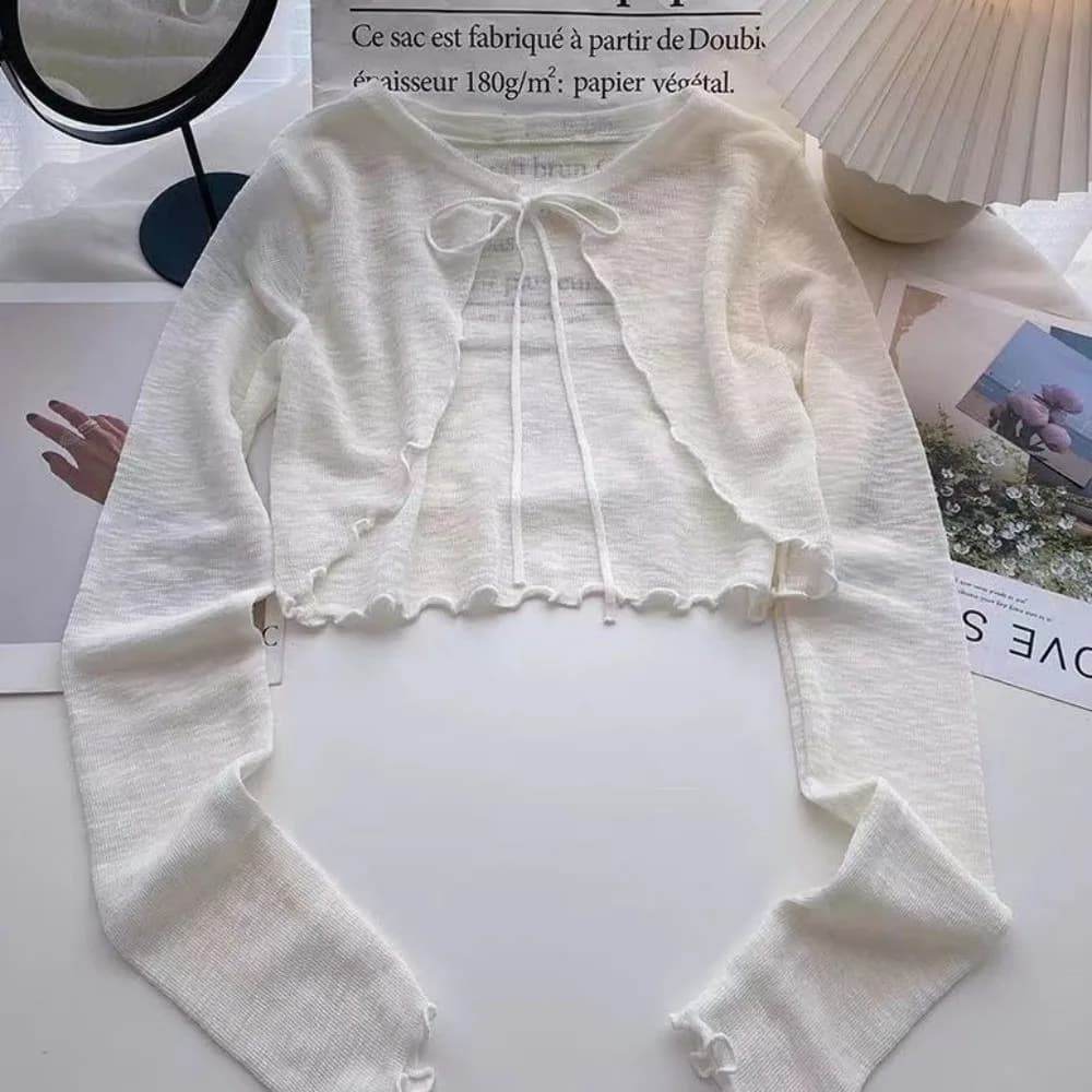 Cardigan Sottile Morbido con Protezione Solare, Design con Lacci, Maglieria Traspirante, Lunghezza Corta, Maniche a Lanterna, Protezione Solare