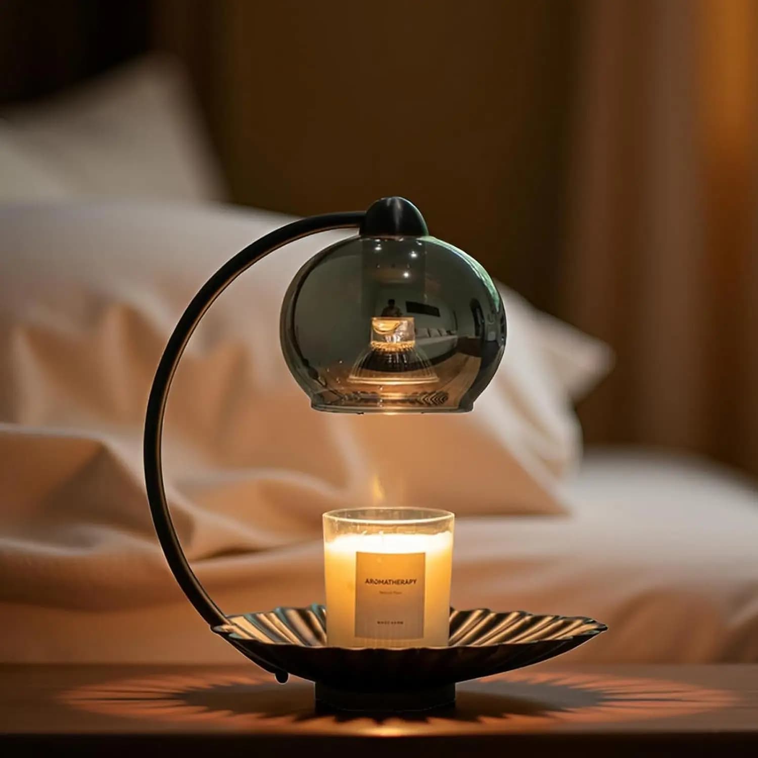 Scaldacandele Elettrico Moderno Nero con Timer, Dimmerabile, per Candele in Vaso, Paralume in Vetro e 2 Lampadine Incluse