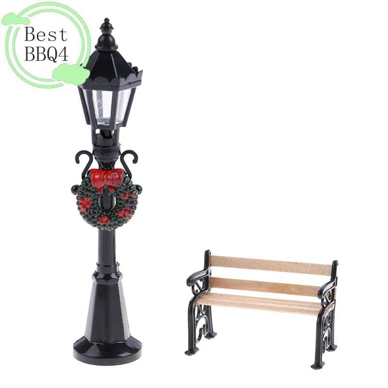 (BBQ4) Lampione Stradale in Miniatura con Luce LED, Panchina da Parco Natalizia, Illuminazione Stradale per Micro Paesaggi, Decorazione per Giardino delle Fate e Casa delle Bambole