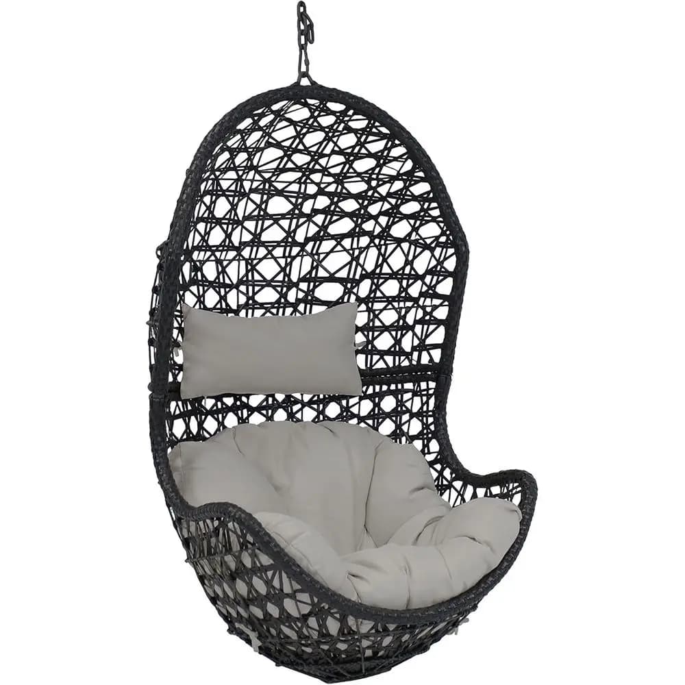 Suspended chair in resin wickers with cushion - Capacity 265 pounds, grey polyester oscillating seat
