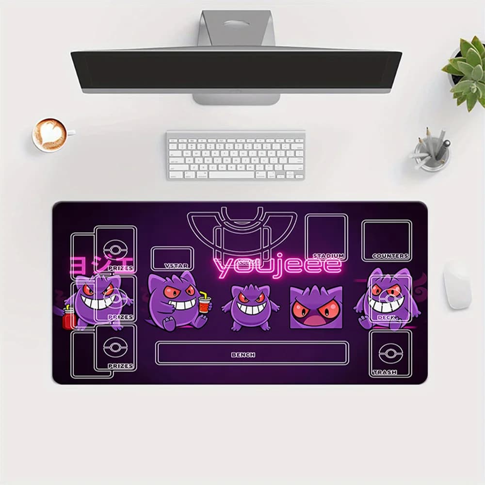 Tappetino da Gioco Pokemon TCG con Design Neon Viola di Gengar, Grande Tappetino per Gioco di Carte Collezionabili, Mousepad Esteso