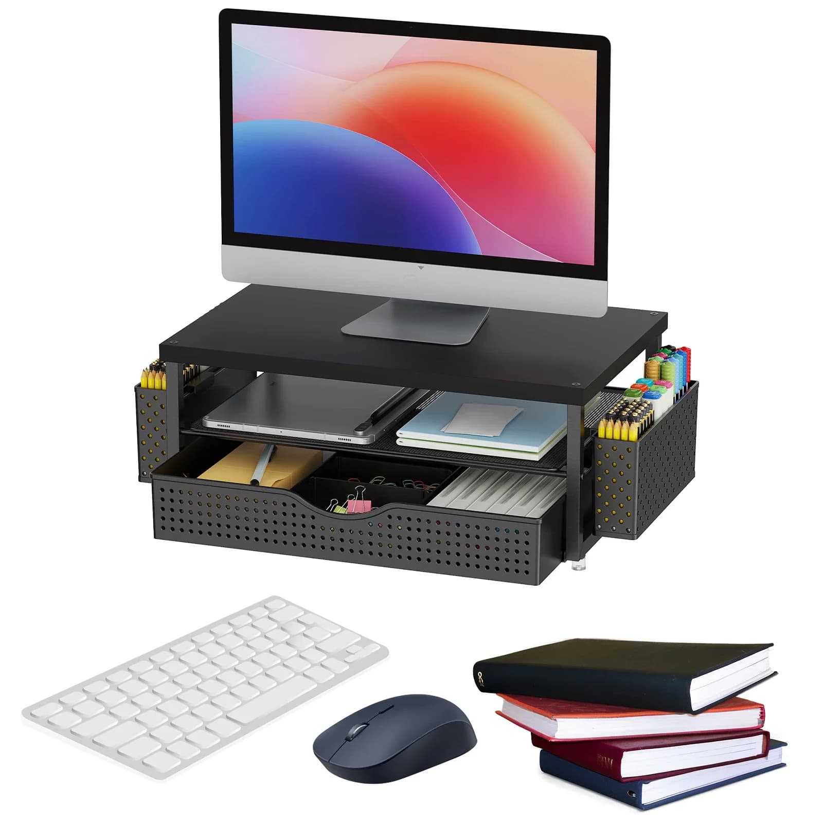 2-Tier Computer Monitor Stand Riser with Drawer and 2 Pen Holders Desk Monitor Riser Laptop Stand Office Desk Accessories