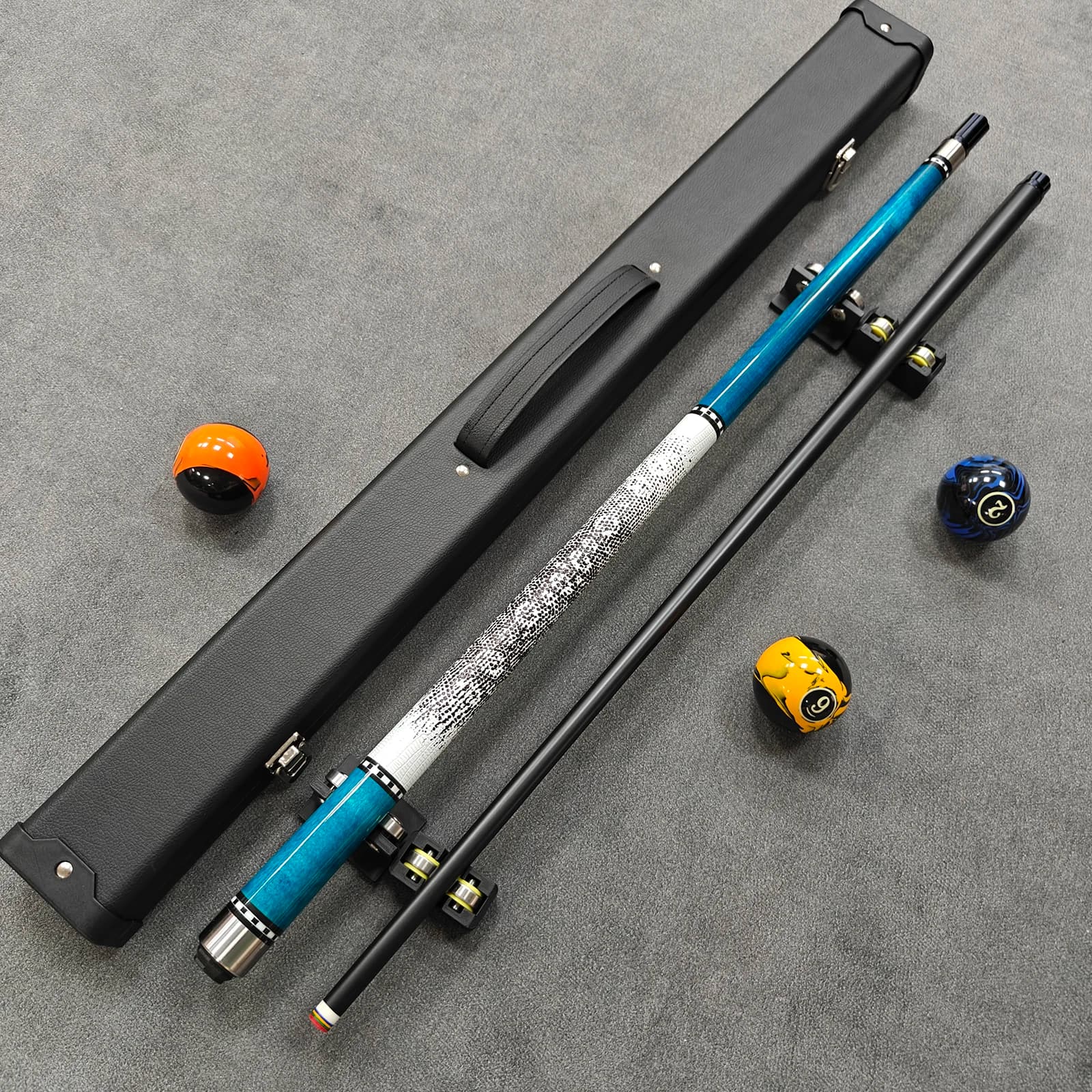 Premium Tech Pool Cue Kit 12.5mm Tip High-End Blue Design Soft Lizard Grip + Durable Black Carry Case