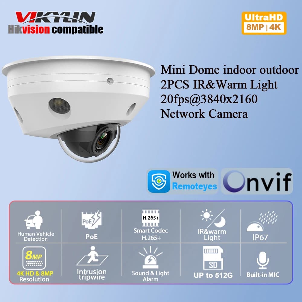 Vikylin 8MP IR Night Vision Mini Dome IP Camera MD2.0 with MIC Home Video Surveillance POE Security Camera CCTV IP67