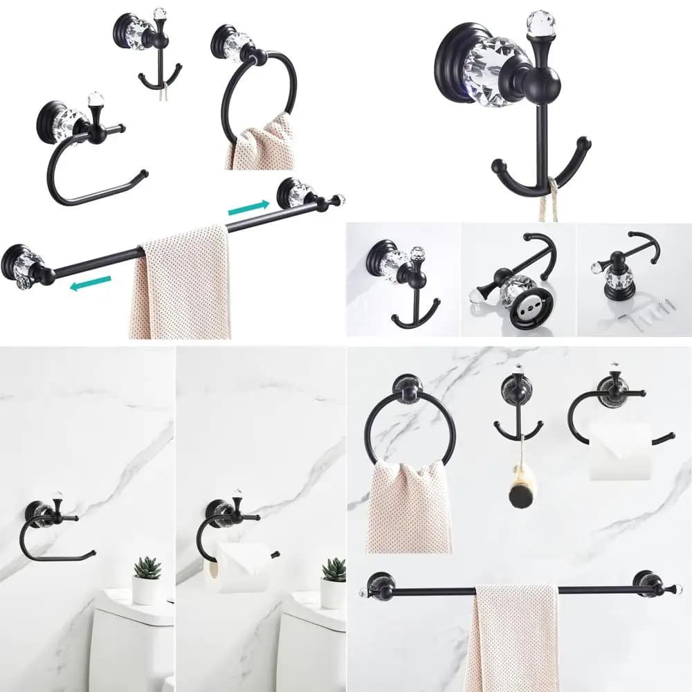 Set di accessori per il bagno in cristallo nero da 24 pollici: portasciugamani, porta carta igienica, porta asciugamani, ganci appendiabiti, accessori da bagno