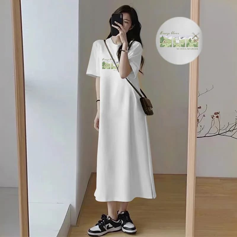Plus Size Women T Shirt Dress Summer Casual Loose O-neck Short Sleeve Cute Print Maxi Dress White Loungewear