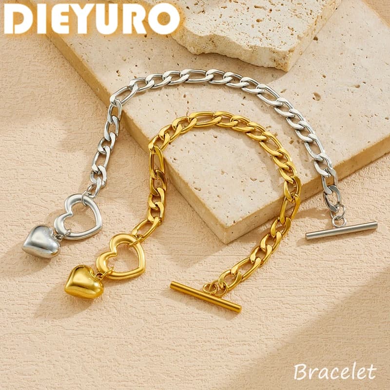 DIEYURO Bracciale con Ciondolo a Doppio Cuore in Acciaio Inossidabile 316L, Gioiello Classico da Donna, Nuovo, Impermeabile