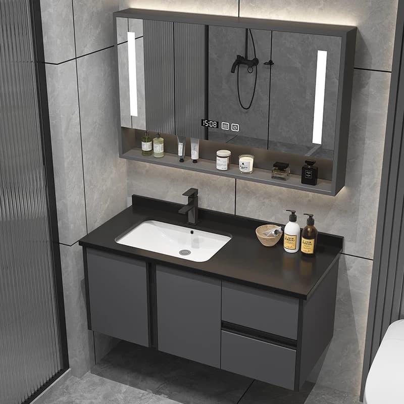 Mobile bagno con lavabo integrato e specchio smart a parete, stile minimalista per la casa